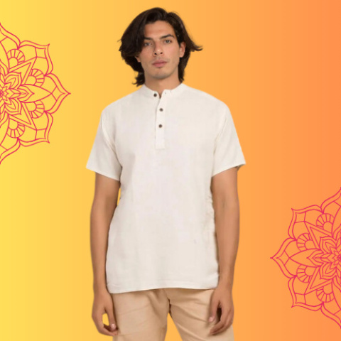 Men’s 100% organic cotton kurta with embroidered (Off - White) "Aum". Short sleeved short kurta.