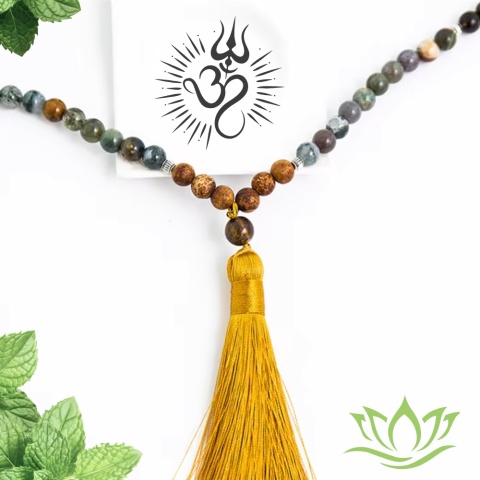 Akash Japa Mala 108 Yellow Tigers Eye, Indian Agat and Onyks