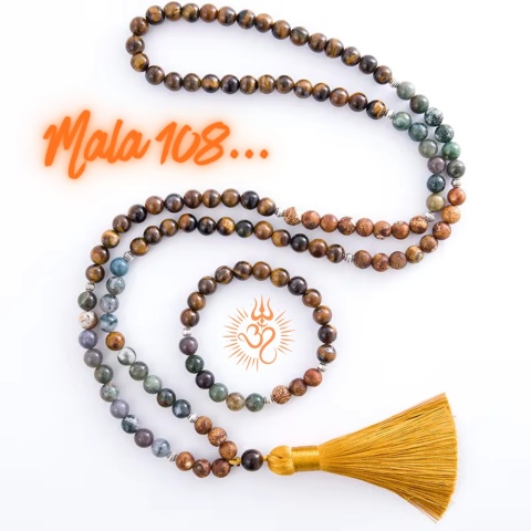 Japa Mala 108 Yellow Tigers Eye, Indian Agat and Onyks