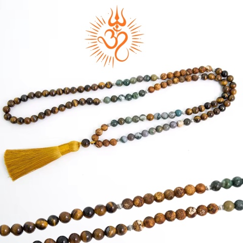 Japa Mala 108 Yellow Tigers Eye, Indian Agat and Onyks